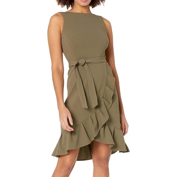 Calvin Klein Dresses & Skirts - Calvin Klein Women Size 4 Olive Green Sleeveless Ruffle Wrap Midi Dress